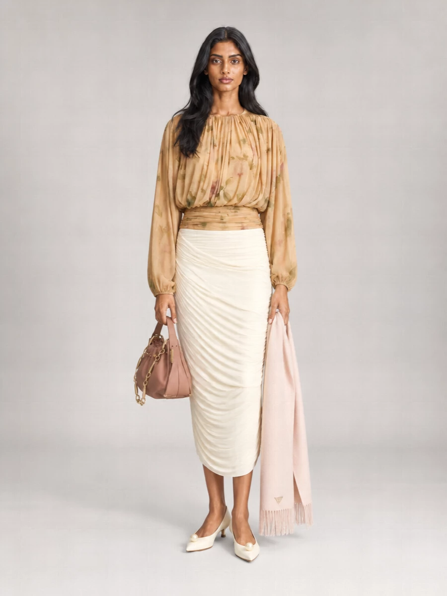 Magda Butrym Floral-Print Draped Long-Sleeve High-Neck Mini Dress