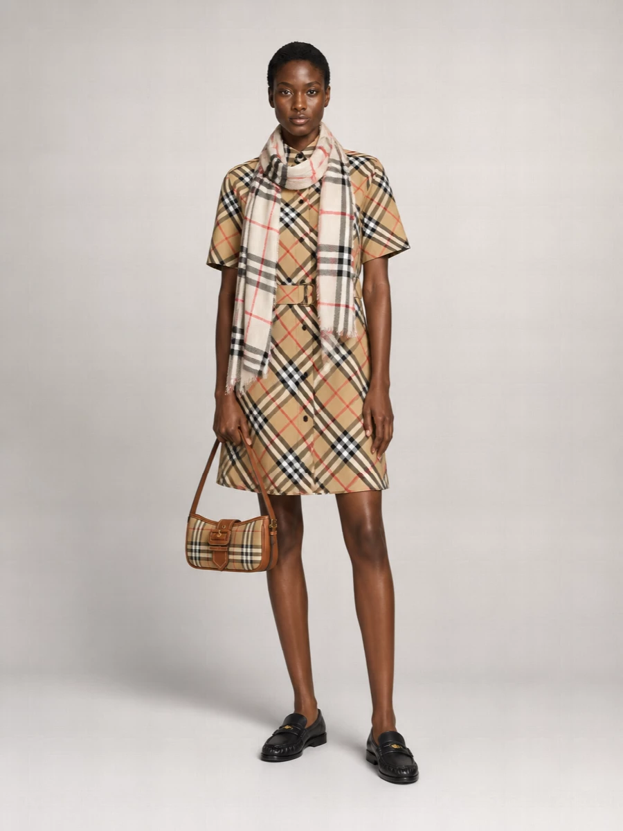 Burberry Cotton Checked Short-Sleeve Belted Midi Shirt Dress