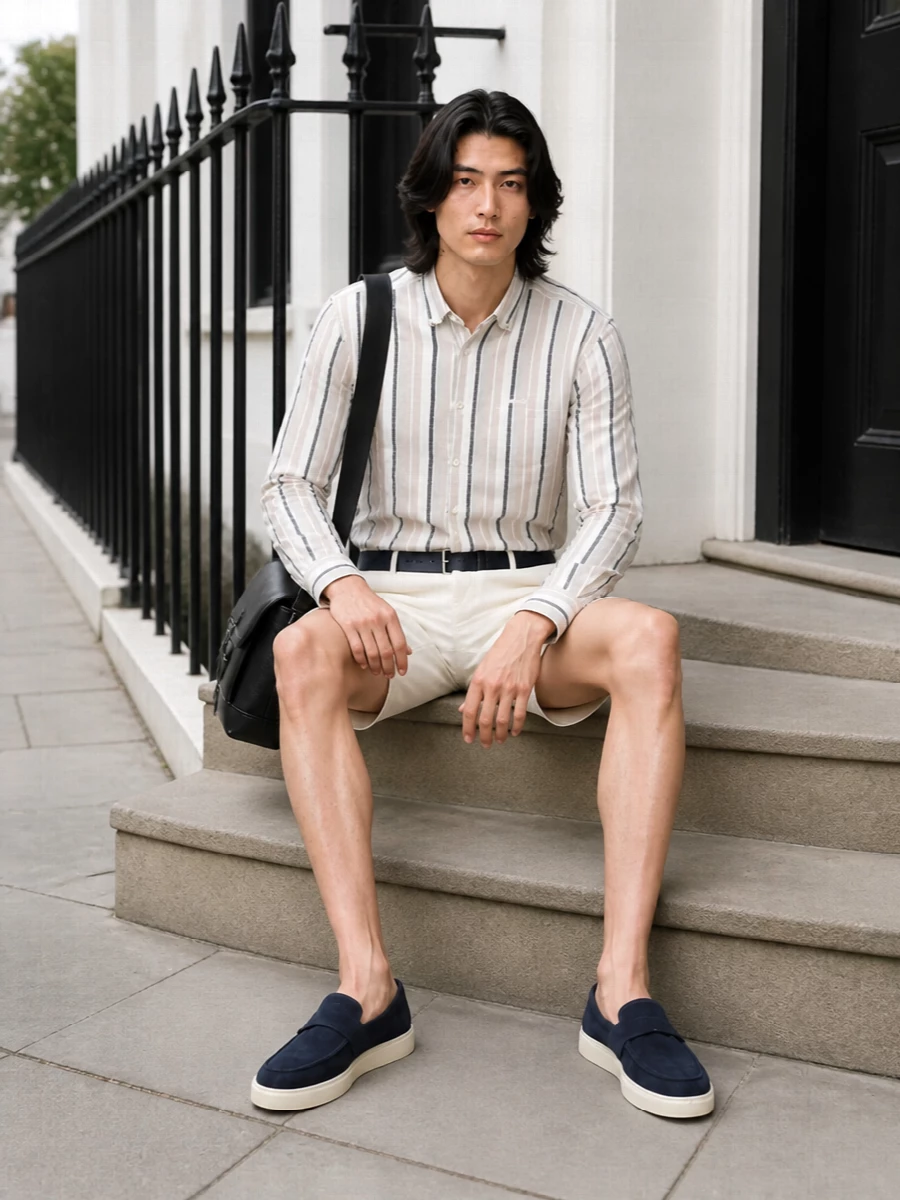 Boss striped shirt tailored shorts loafers