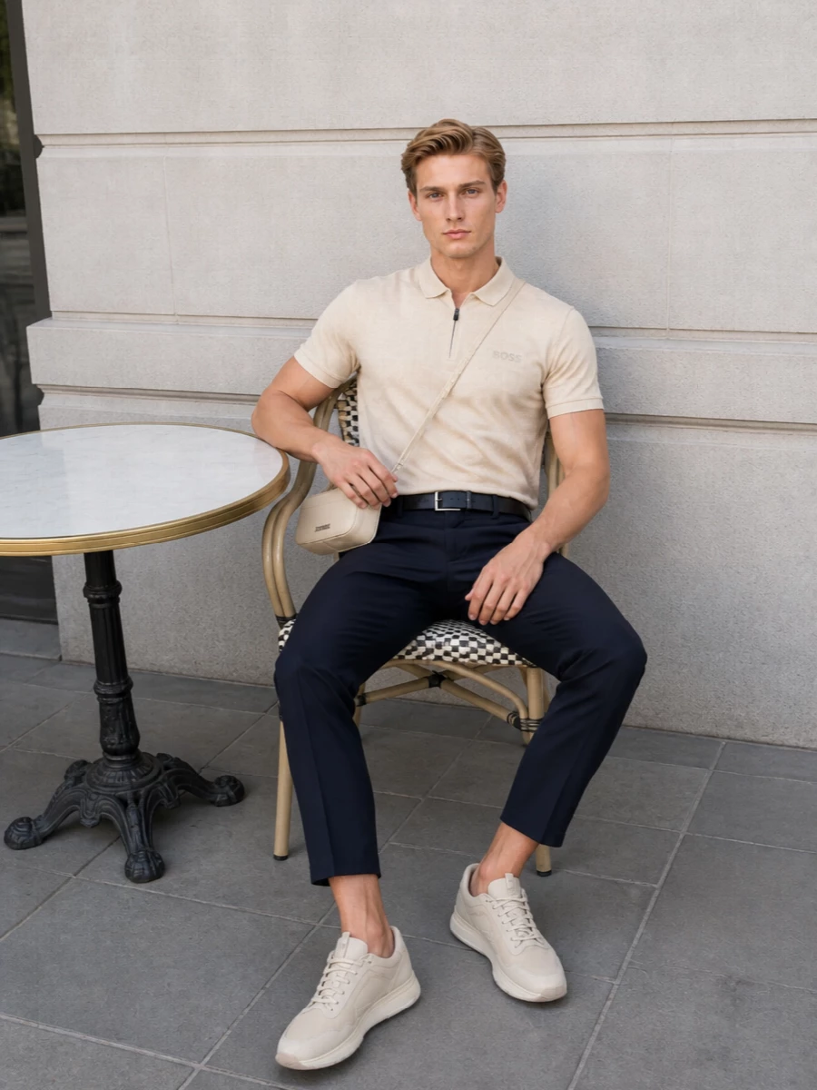 Boss polo navy cropped trousers beige sneakers