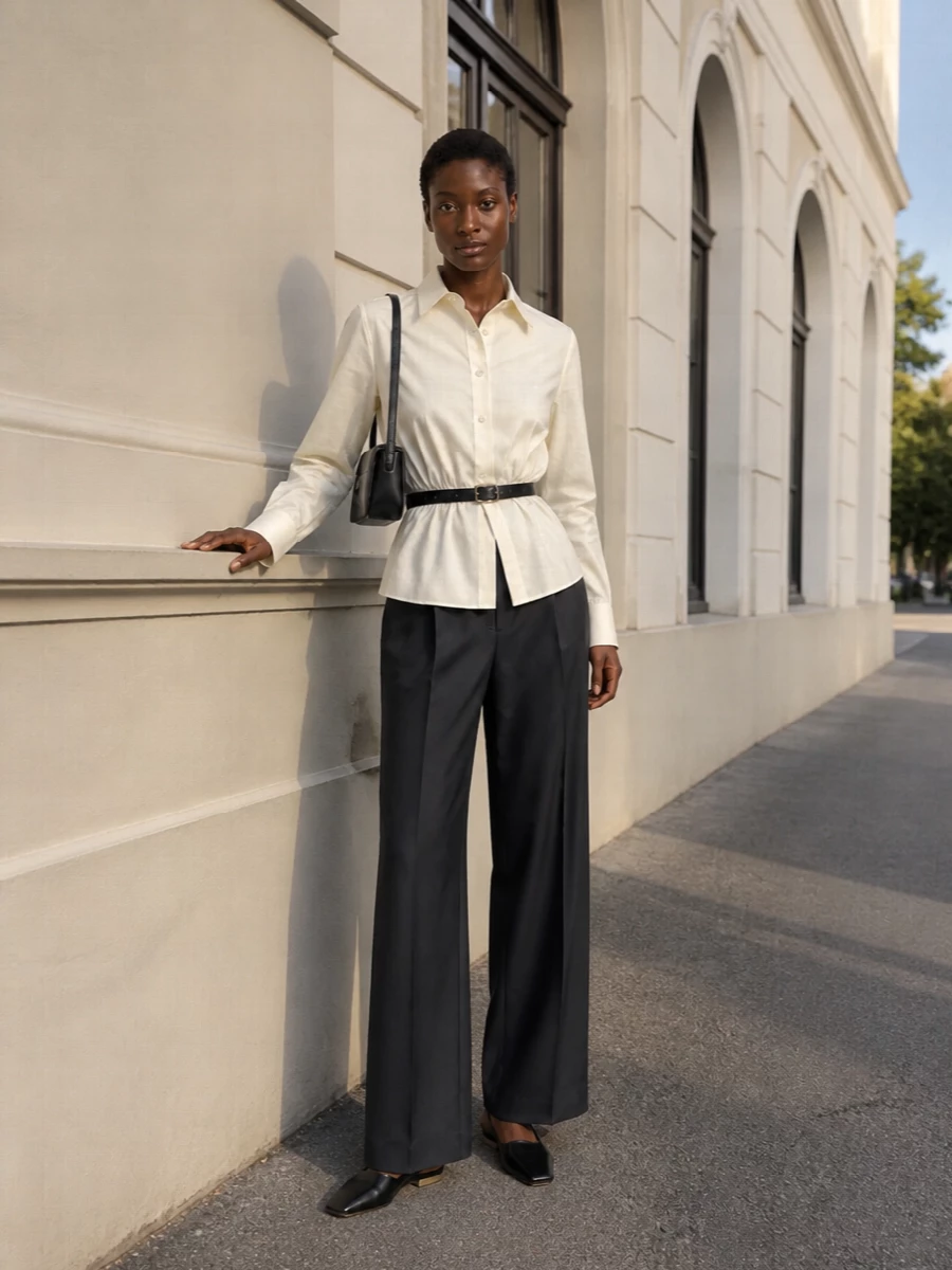 Mm6’s charcoal wide-leg trouser meets a cinched ivory shirt for a precise, architectural take on modern tailoring. A slim black belt and square-toe slingback flats keep the proportions sharp yet understated, while a sleek shoulder bag in black leather finishes the monochrome palette with quiet certainty.
