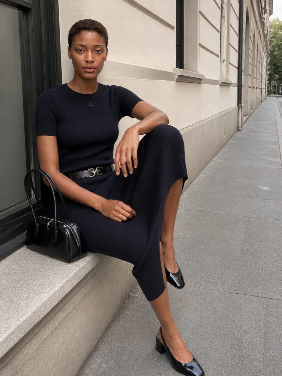 Courreges navy knit skirt outfit slingback heels