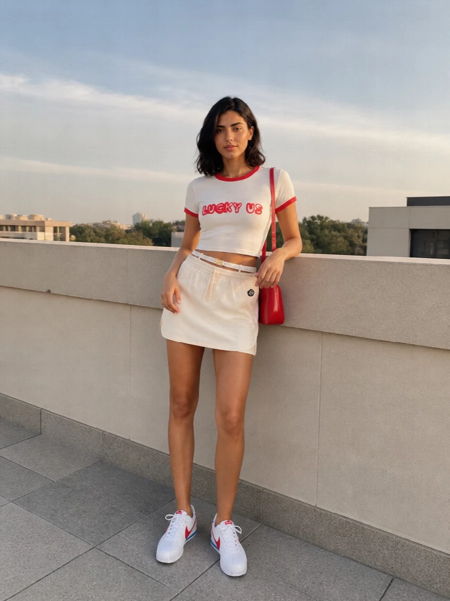 Kenzo’s cropped ringer tee meets a cream sporty mini for a clean, leggy take on preppy streetwear that still feels easy for warm days. White and red Nike runners echo the tee’s trims, keeping the colors tight and nostalgic. A glossy cherry-red Jacquemus shoulder bag and a slim white belt sharpen the mood just enough for city plans after class or weekend hangs.