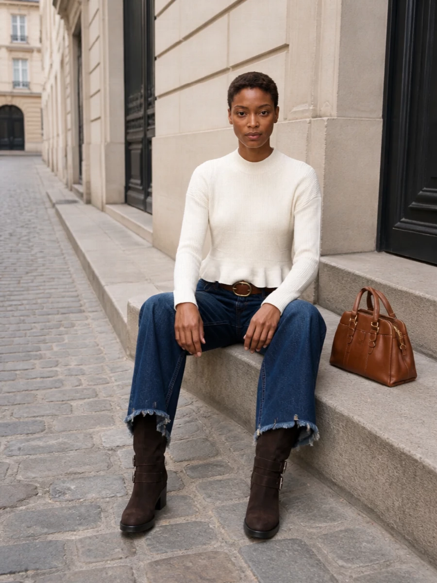 Chloe wide leg jeans ivory knit knee boots