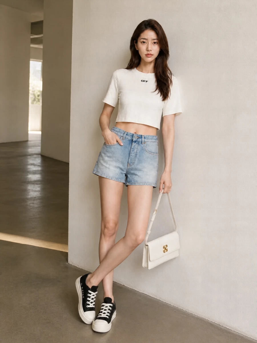 The cropped Off-White tee is paired with the brand’s light-wash denim shorts for a clean, SS street uniform that feels easy but considered. Graphic black-and-cream DRKSHDW sneakers keep it grounded and casual, while the structured off-white shoulder bag sharpens the look just enough for city days that slide into low-key evenings.