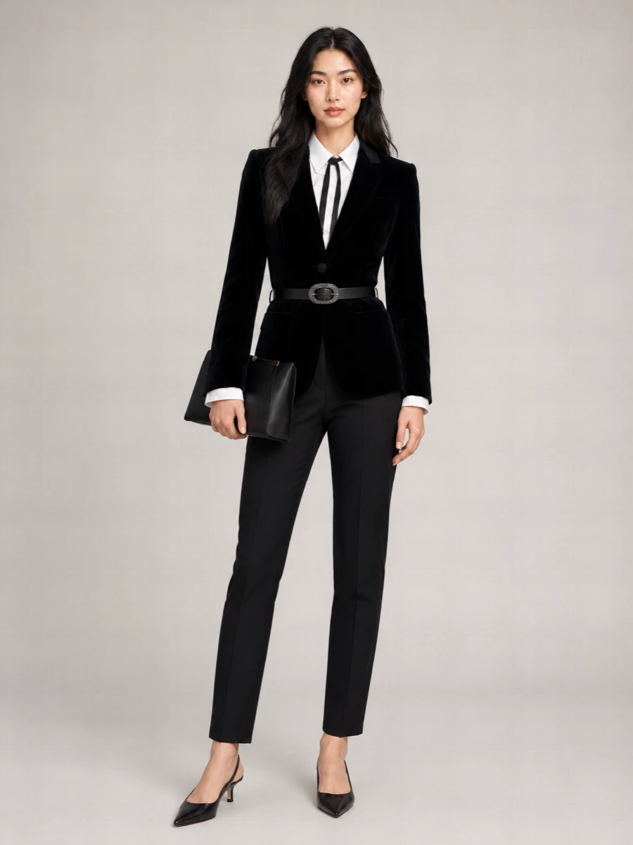 A sharp velvet tuxedo mood, cut close to the body, keeps the line long and deliberately minimal. Inky tailoring, a pointed slingback and a structured clutch create a polished, after-dark uniform that reads quietly confident rather than showy. The crystal-detailed belt is the only sparkle, focusing attention at the waist and letting the velvet do the rest.