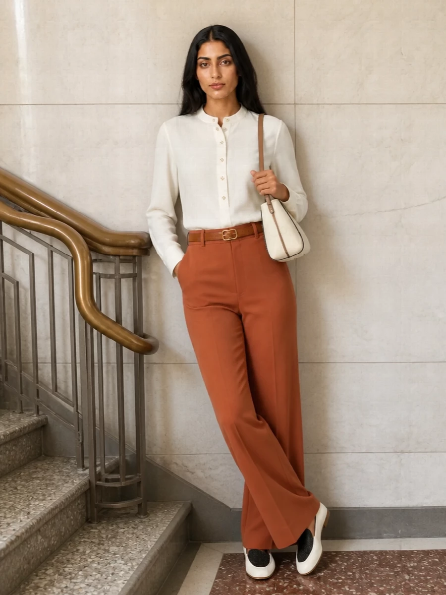 Chloe terracotta wide leg trousers ivory blouse