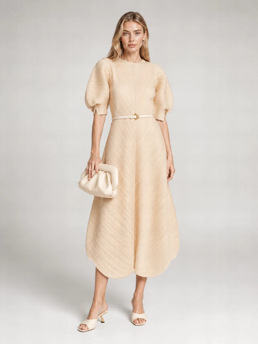 Pleats Please Issey Miyake Pleated V-Neck Short-Sleeve Balloon Midi Dress