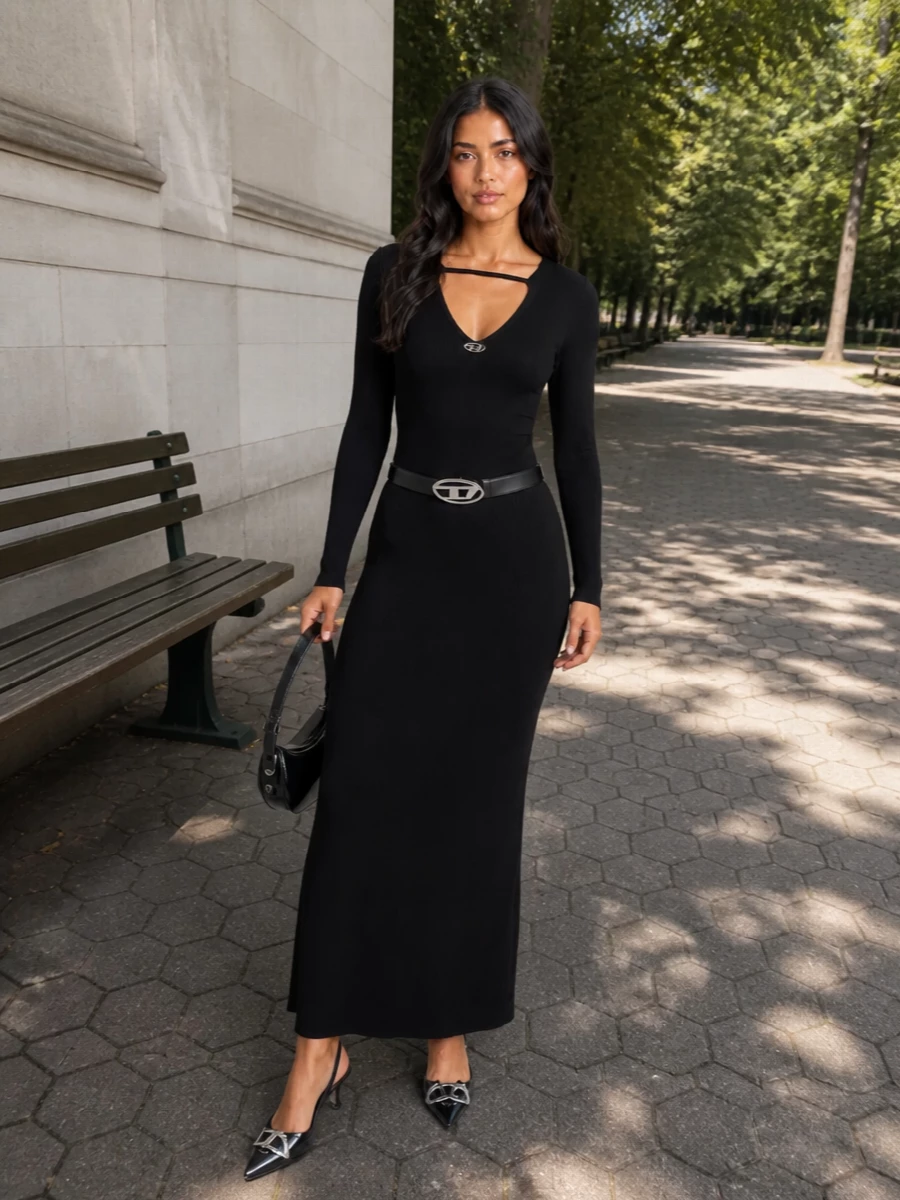 Diesel black ribbed maxi dress heels bag