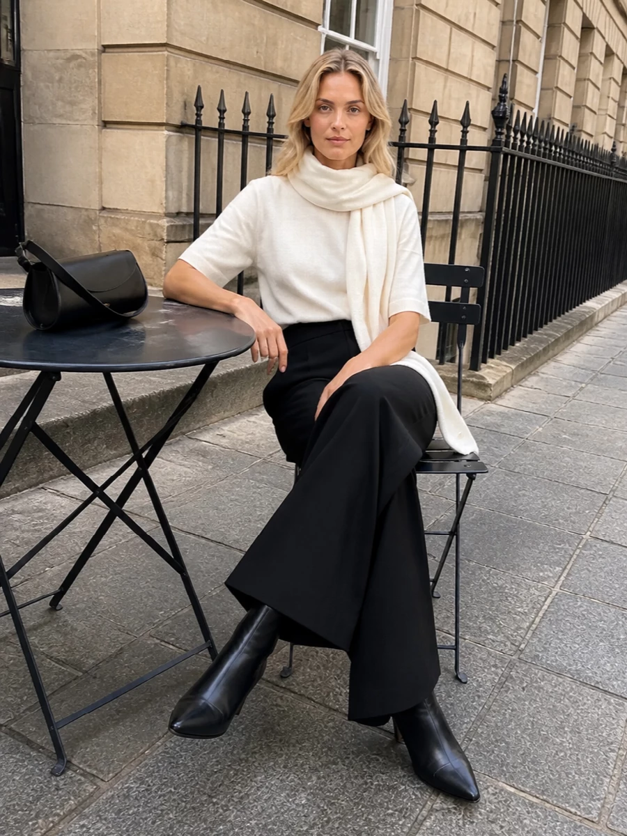 Jil sander ivory tee black wide leg trousers