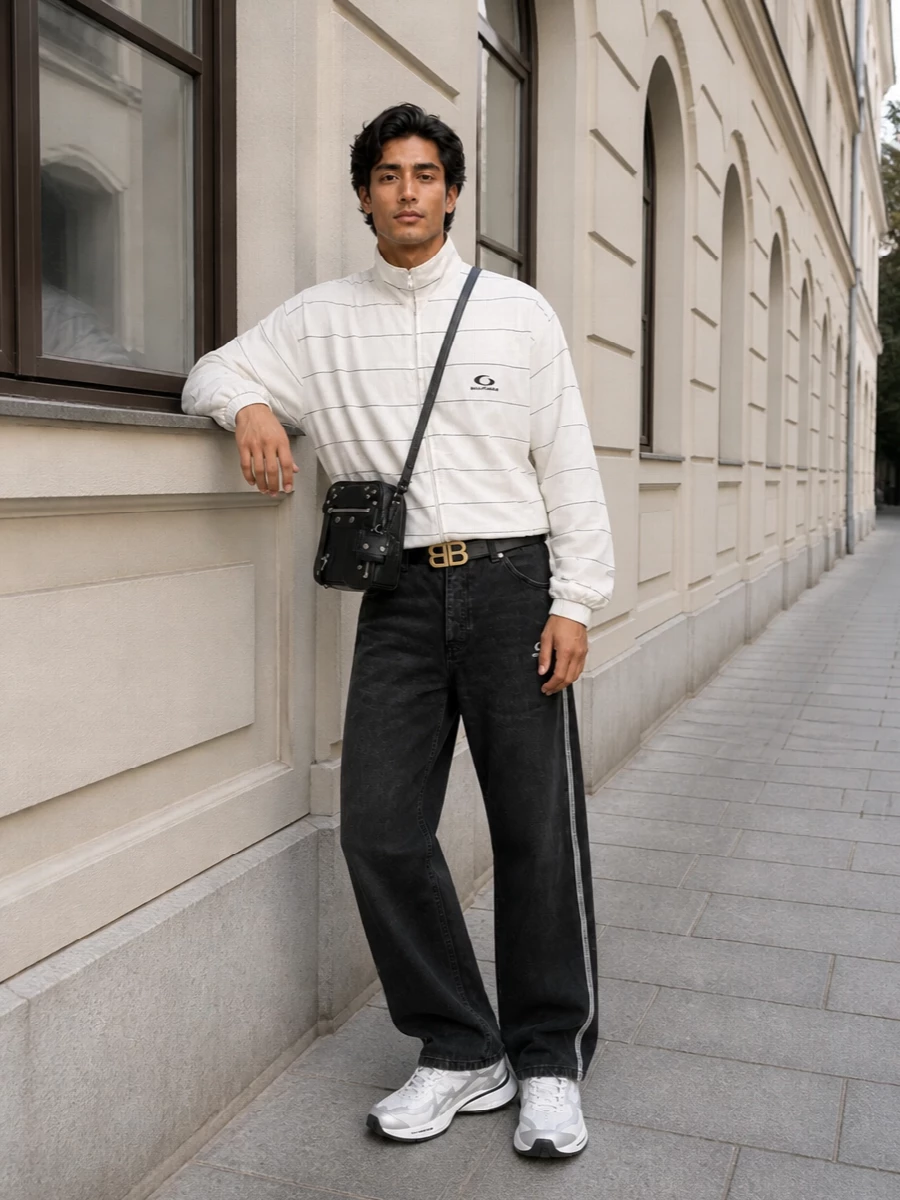 Balenciaga track jacket striped jeans white runners