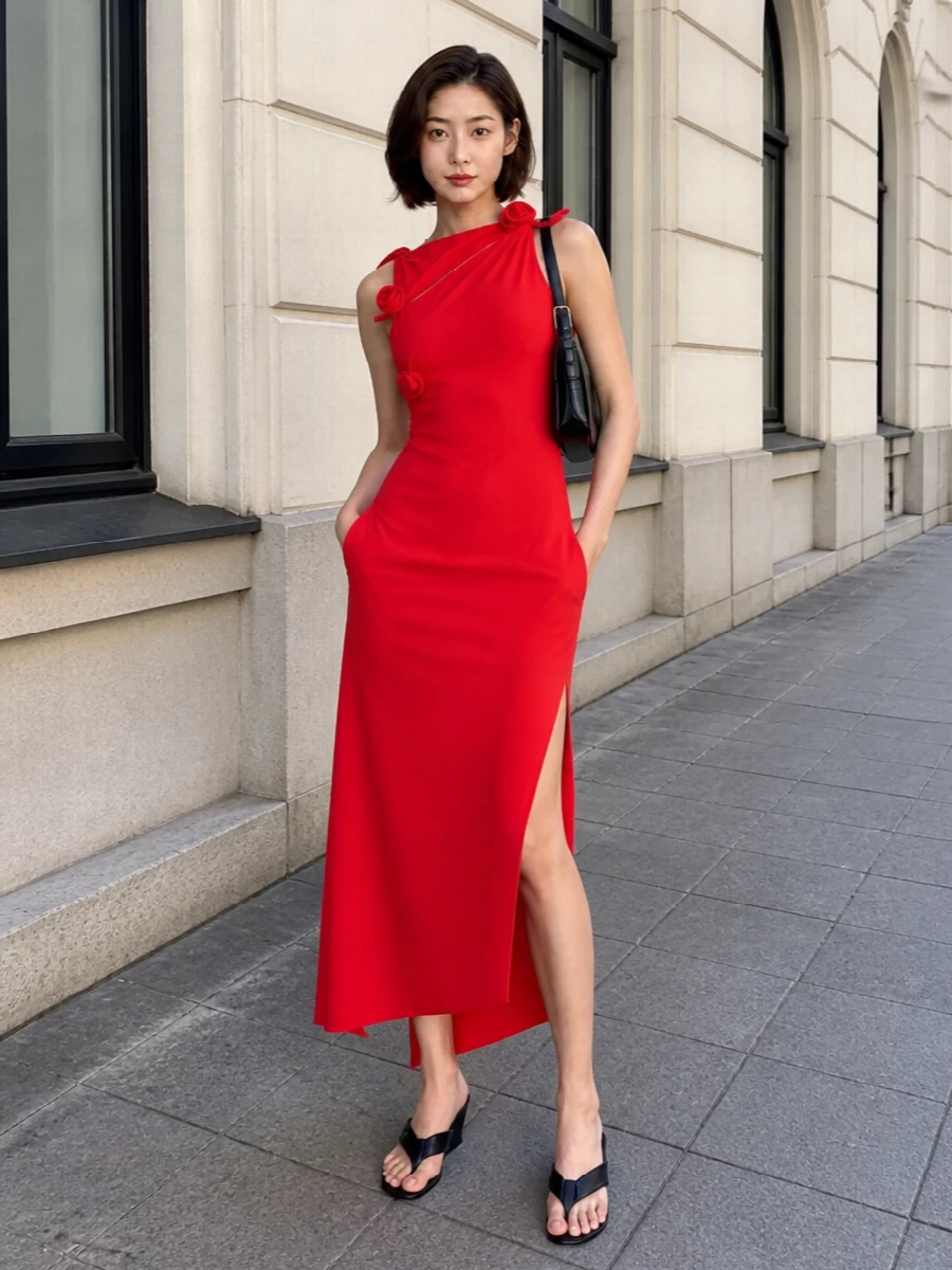Coperni red asymmetric dress black wedge sandals