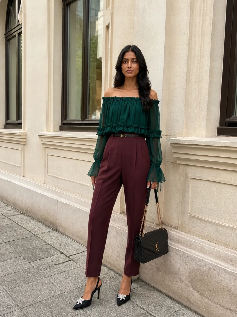 The deep teal Saint Laurent blouse floats over high-rise rosewood tailoring, creating a rich, romantic color story that still reads precise. Black satin stilettos and a quilted chain-strap bag ground the fluidity with classic Parisian sharpness, while a slim croc-embossed belt quietly carves the waist so the proportions stay long and lean. It is an evening outfit that feels dramatic, but never heavy.