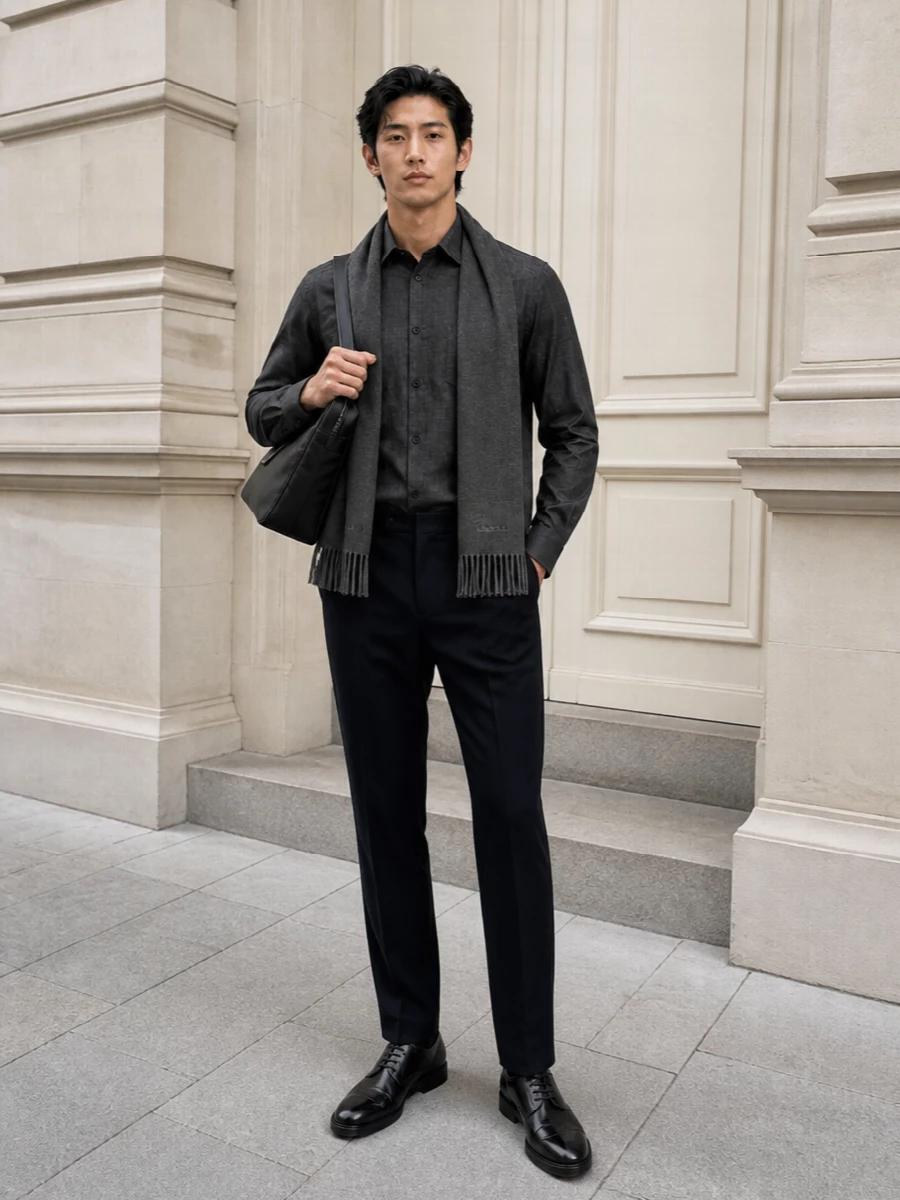 Prada zegna navy trouser outfit black derbies