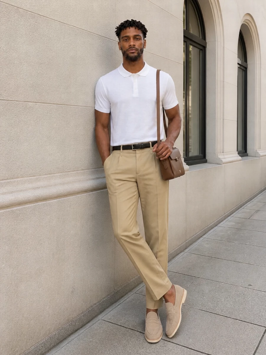 A soft white polo with sand straight-leg trousers creates a clean, preppy base that feels composed without trying too hard. Stone suede loafers keep the line refined but relaxed, while the tan shoulder bag and slim belt add just enough structure and warmth. The result is a quietly luxurious summer outfit that moves easily from late brunch to an unhurried afternoon in the city.