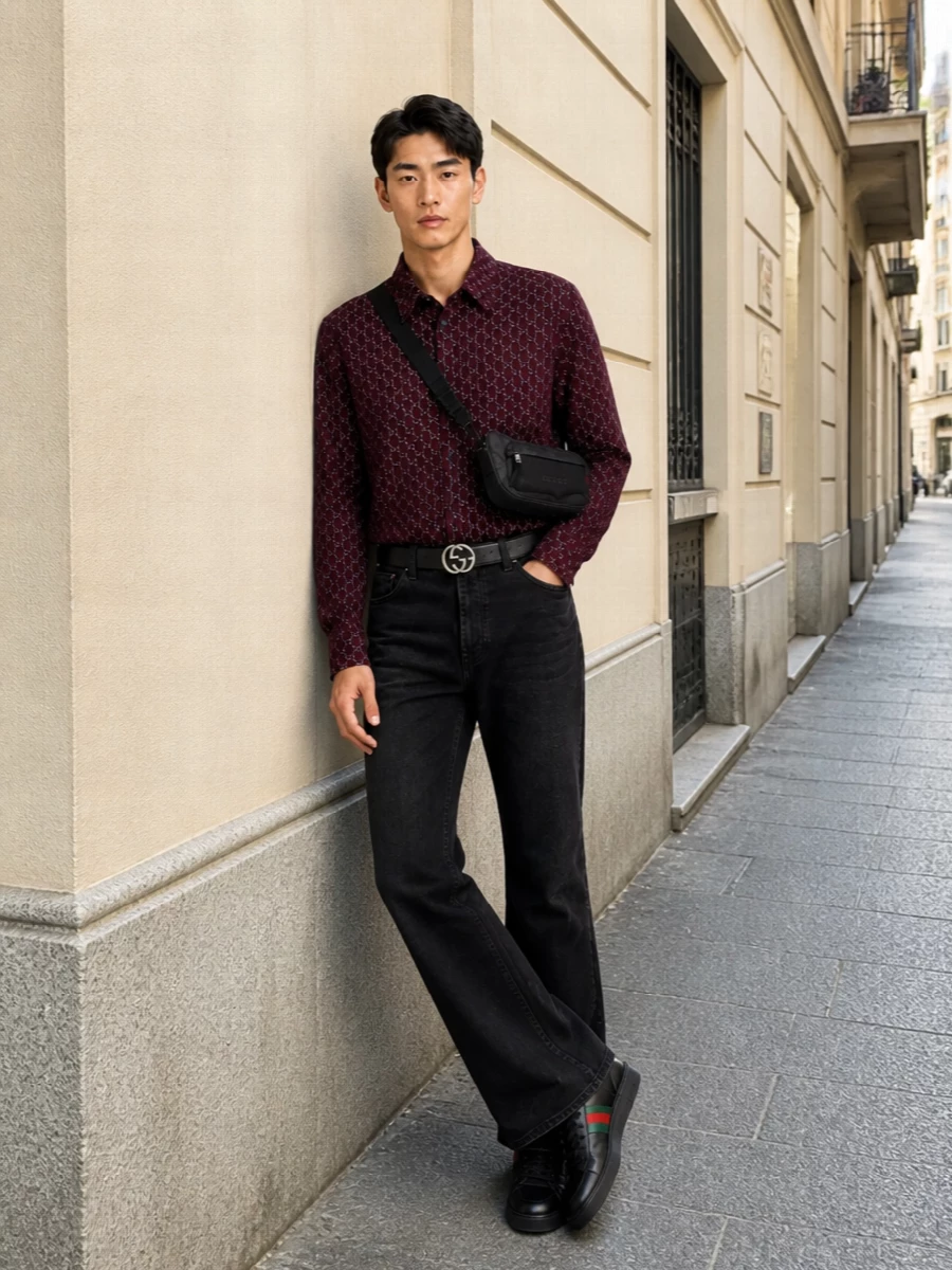 Gucci flared black jeans burgundy shirt sneakers