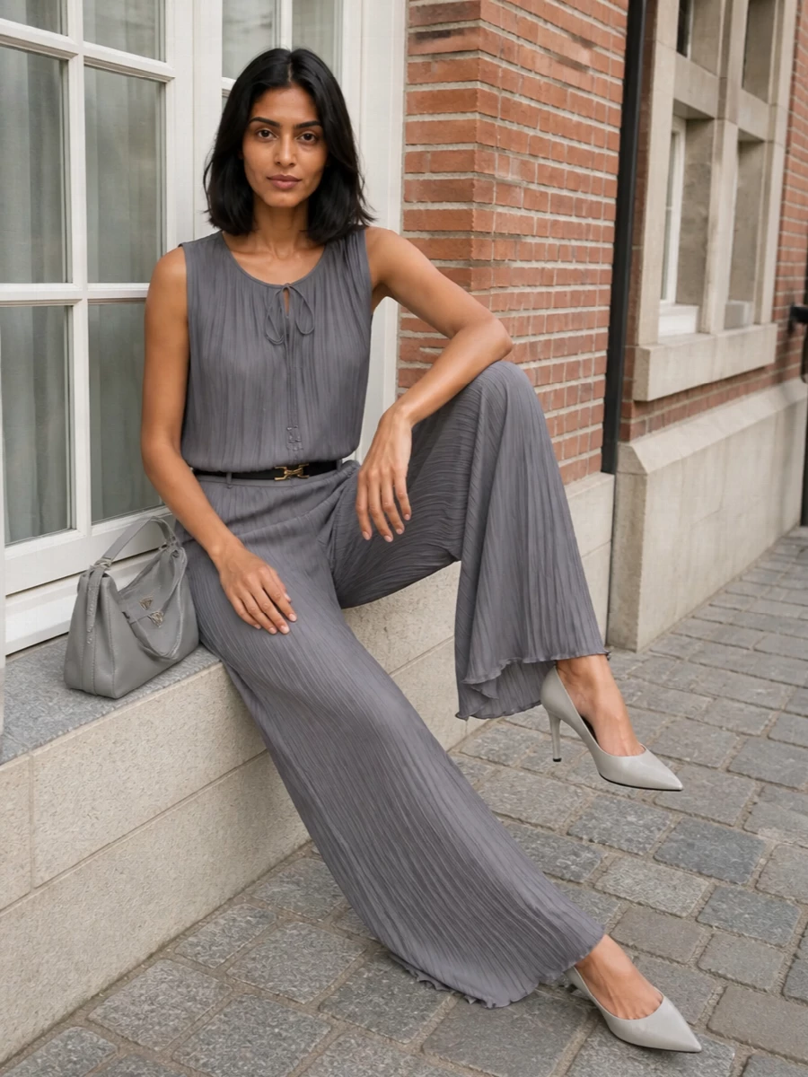 Lanvin grey pleated trousers slate shell outfit