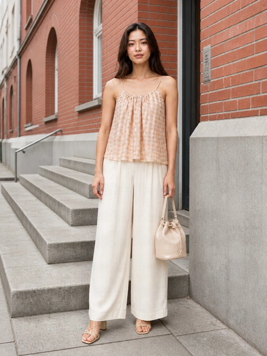 A blush and ivory column of pleats and fluid fabric keeps the mood soft and romantic while still feeling considered for warm evening plans. Metallic champagne accents at the sandals and bag catch the light without overwhelming the delicate jacquard of the cami. The result is an easy, luminous outfit that glides between terrace drinks and intimate dinners with the same gentle glow.