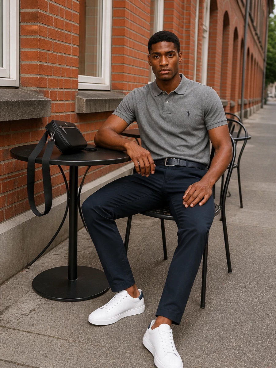 A grey Polo Ralph Lauren polo sits over straight navy chinos for a clean, collegiate take on smart casual. White leather court sneakers with navy detailing keep the palette tight and modern, while a structured black crossbody and matching navy belt add just enough city polish. The result is an easy uniform for days that swing between desk, coffee run and dinner.