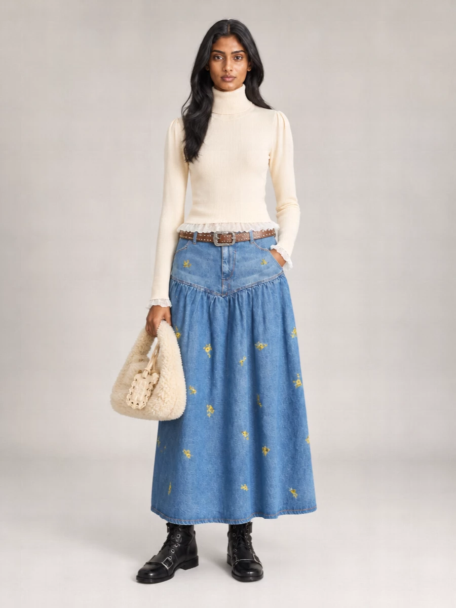 Ganni floral print denim maxi skirt