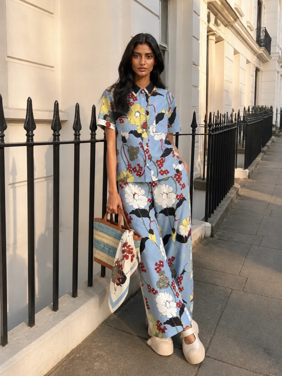 Marni floral wide leg trousers matching shirt outfit