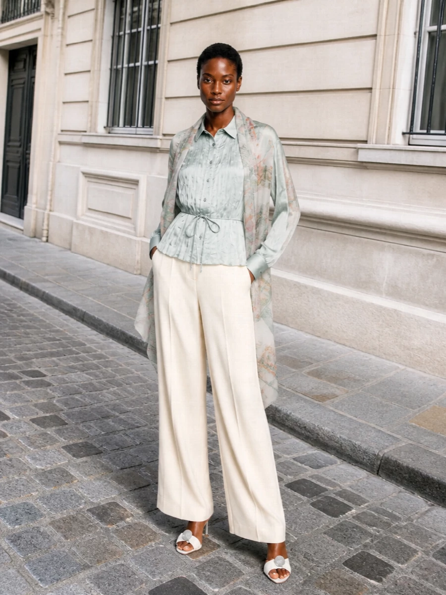 Staud sage blouse ivory trousers heels