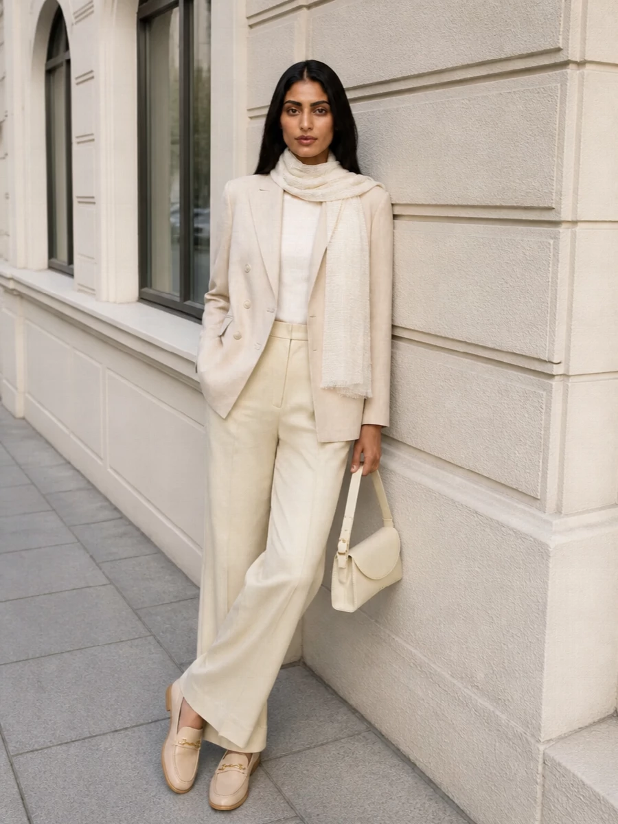 Circolo beige blazer wide leg trousers loafers