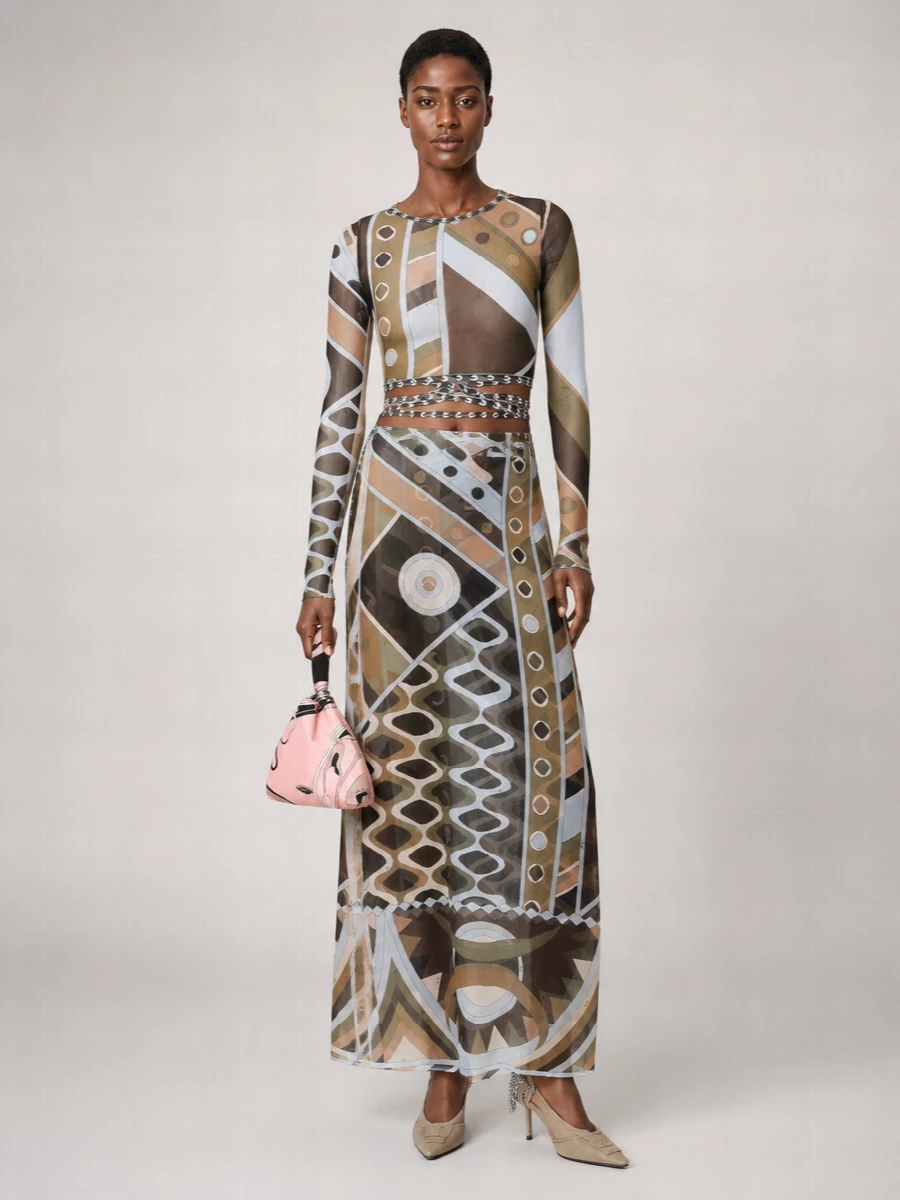 Pucci Printed Tulle Long Sleeve Crop Top