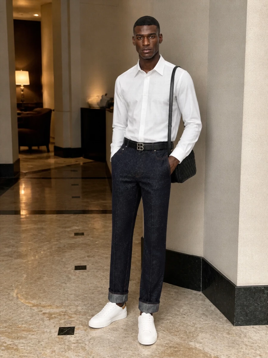 Burberry white shirt indigo denim trousers