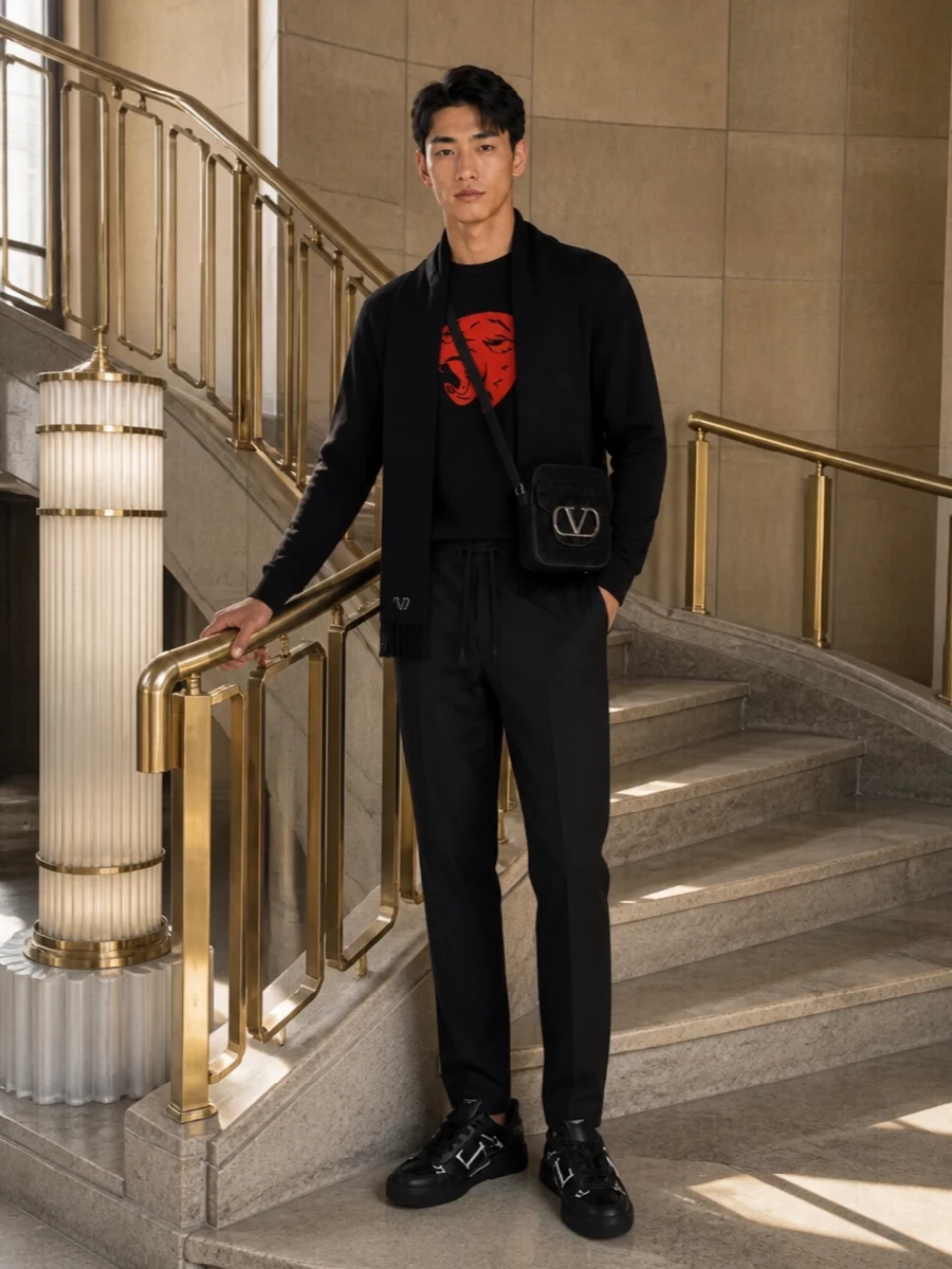A deep-black base lets the red panther do the talking, framed by straight-leg drawstring trousers that feel relaxed but considered. Graphic leather sneakers and a compact crossbody add subtle logo texture rather than extra color. A clean black scarf finishes the outfit with quiet winter polish that still reads decisively modern and street-led.