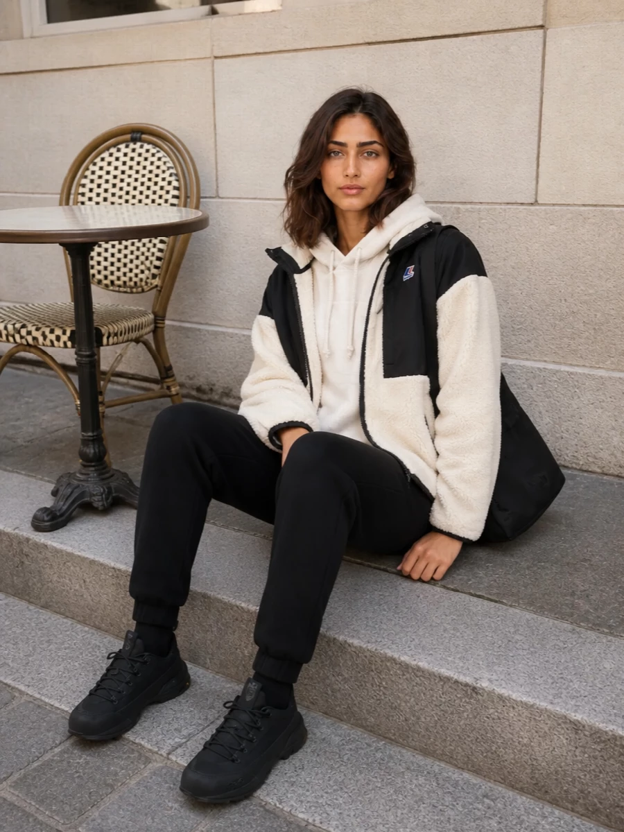 K way shearling jacket y3 hoodie jogger outfit