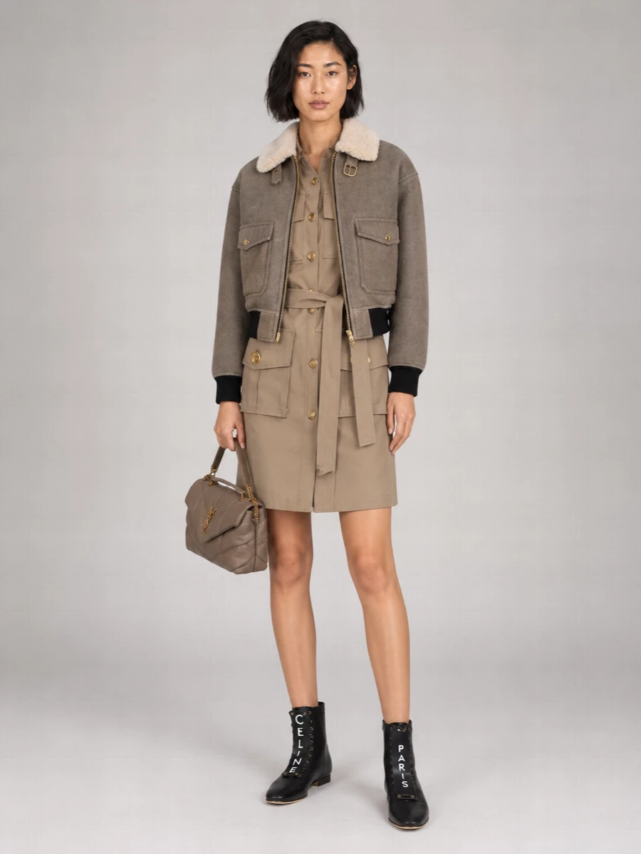 Celine Shearling Collar Leather Jacket With Adjustable Strap