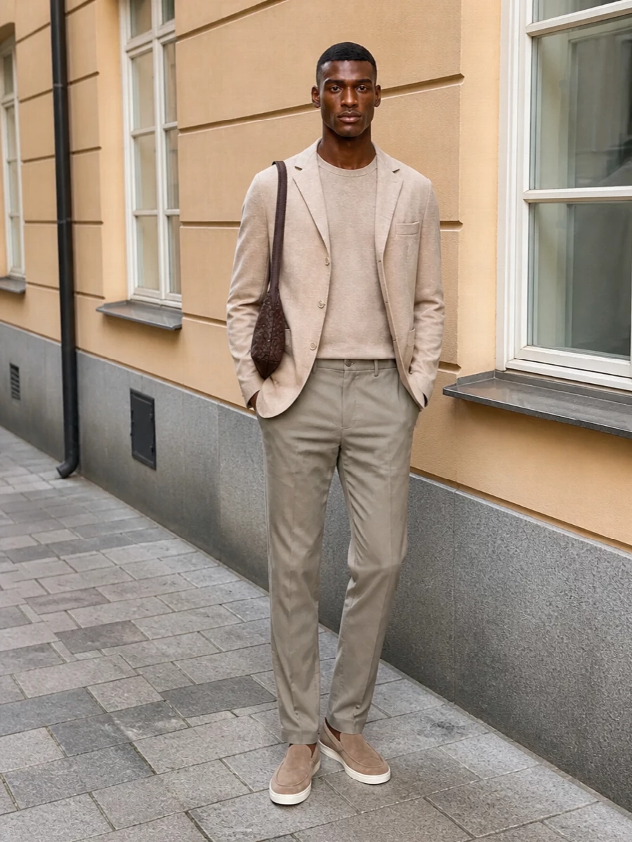 Cucinelli beige blazer taupe trousers outfit