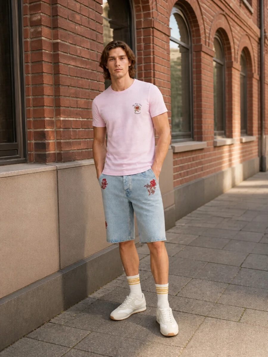 Drole de monsieur floral denim shorts pastel tee