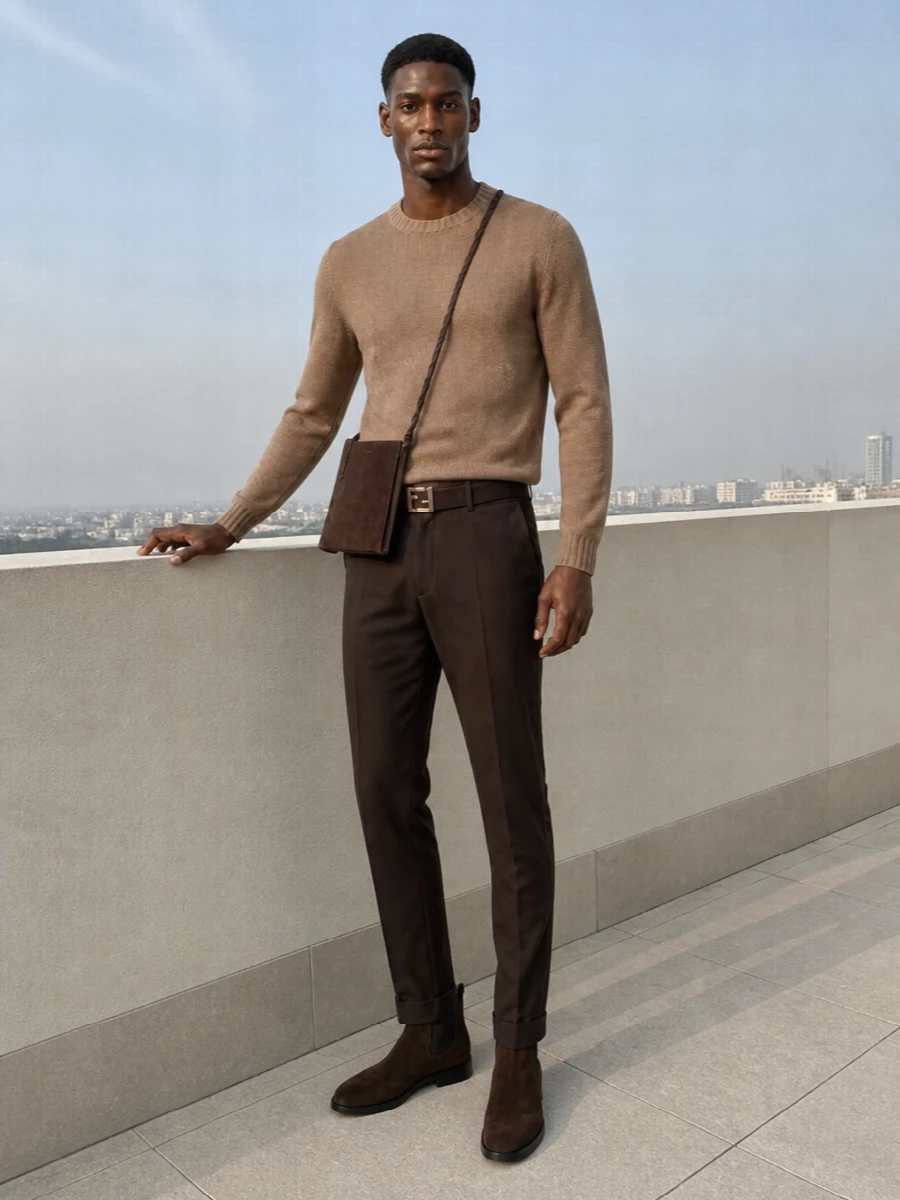 Pt torino brown chinos camel sweater outfit