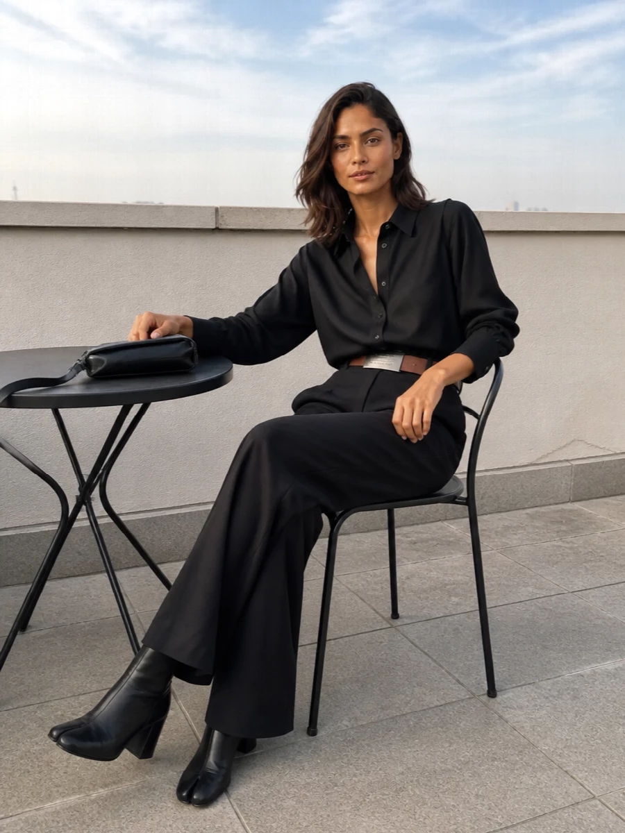 Maison margiela black shirt wide leg trousers outfit