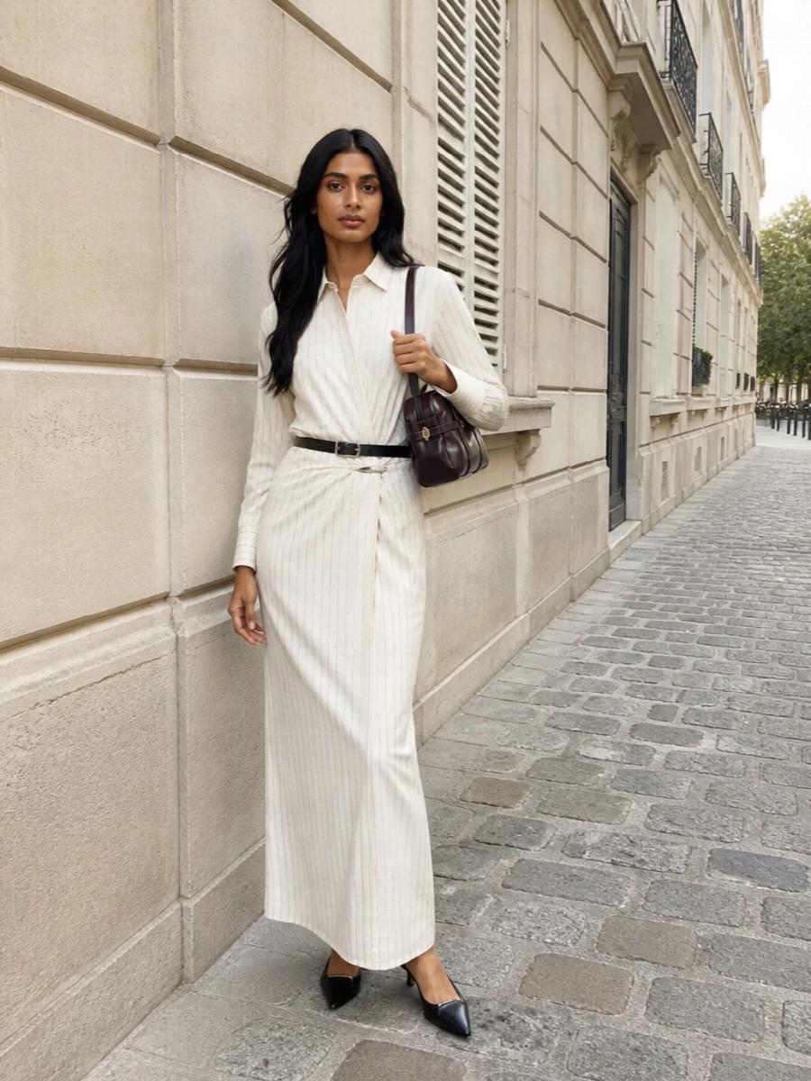 Dondup pinstripe maxi dress tods pumps outfit