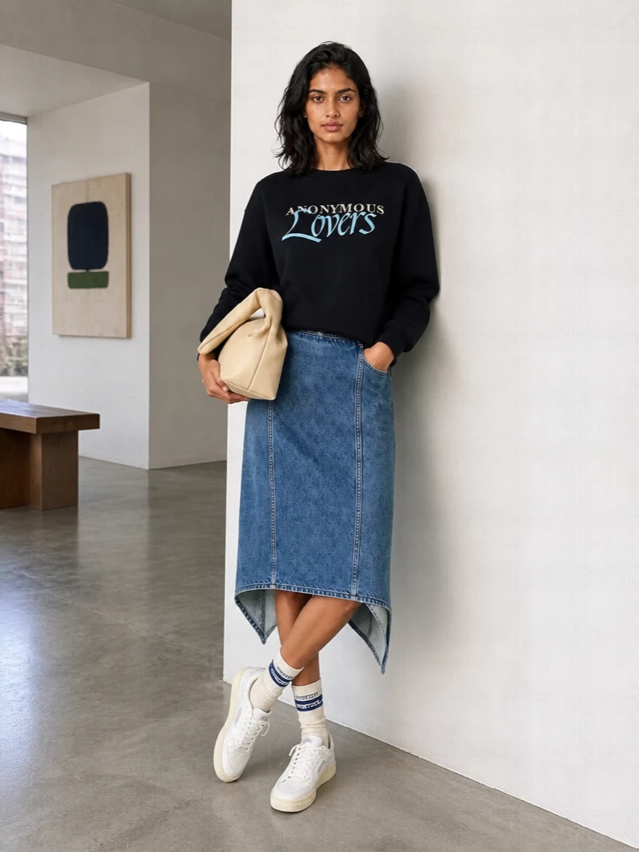 Jw anderson sweatshirt asymmetric denim skirt outfit