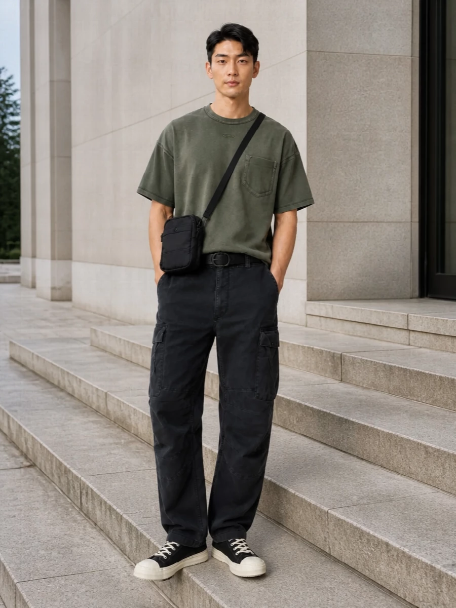 Diesel olive tee charcoal cargo pants outfit