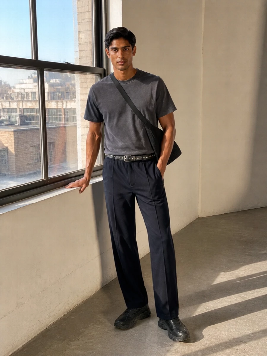 Deep navy track pants and a washed charcoal tee create a tight, tonal base that feels low-key but intentional. Black technical sneakers and a sculptural pleated crossbody push it toward urban streetwear, while a slim studded belt quietly frames the straight lines. The result is a clean, off-duty uniform with just enough texture and hardware to feel considered.