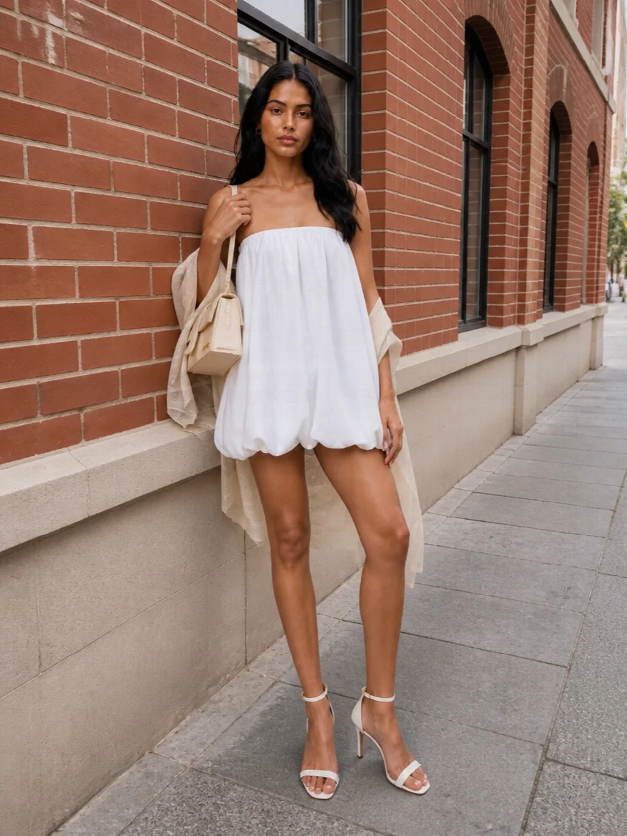 Patou white strapless mini dress prada heels
