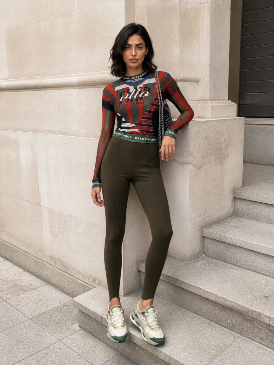 Ottolinger’s sheer, graphic bodysuit sits over clean dark-olive leggings, letting the print read like a full catsuit without visual noise. Cream and forest-green runners keep the energy street and functional, while a sharp chain-strap mini bag adds just enough metal and structure for a club-ready finish. The palette stays in deep greens and black so the logos feel intentional rather than loud.