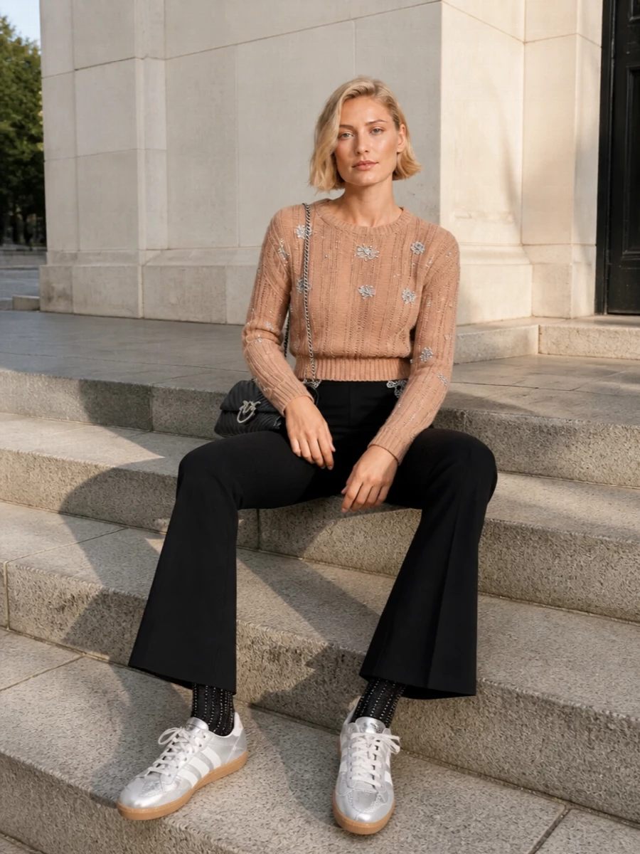 Pinko crystal knit flared trousers silver sneakers