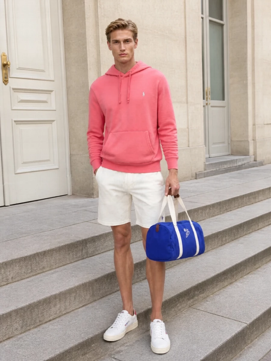 Polo ralph lauren coral hoodie ivory shorts outfit