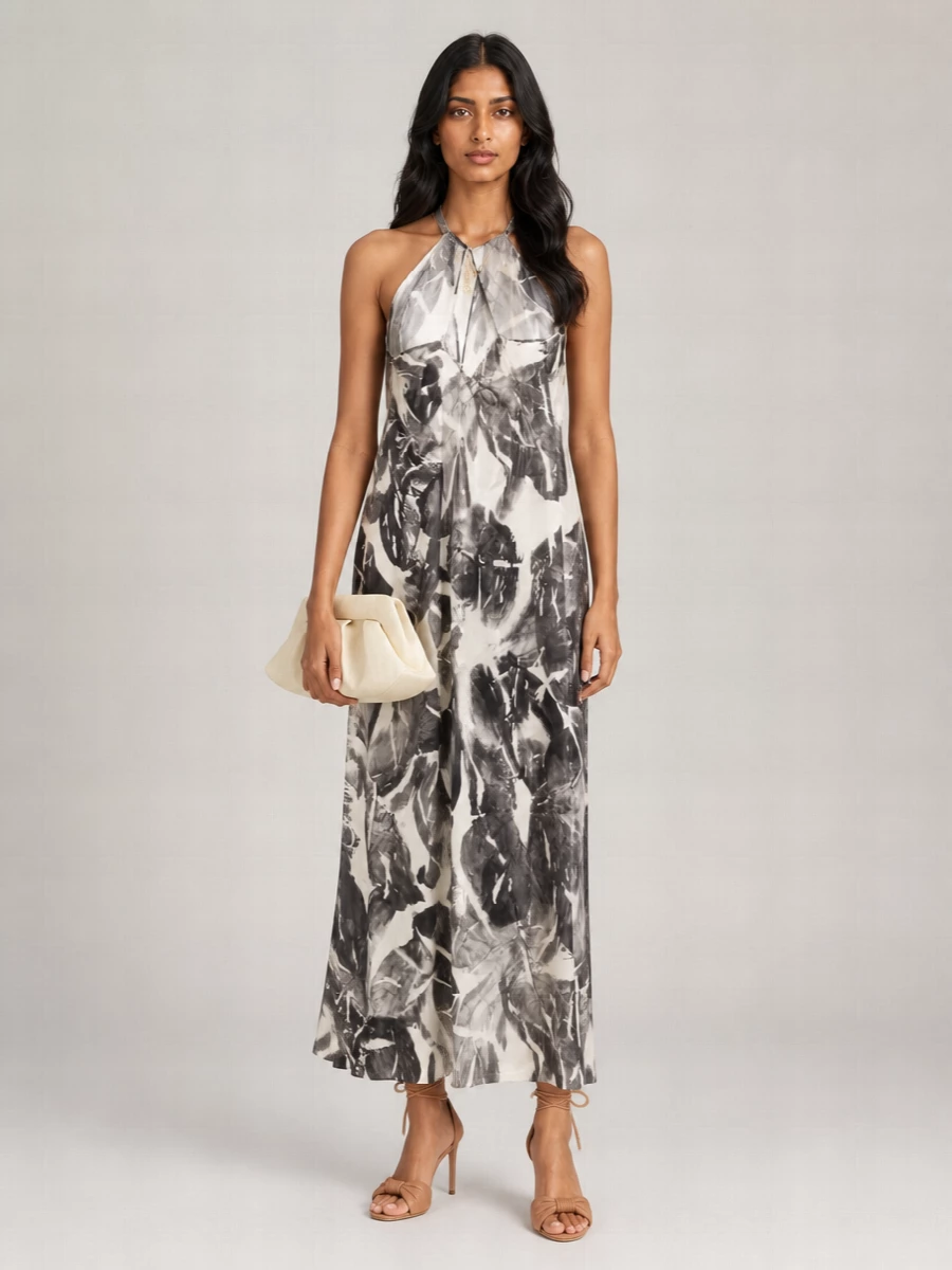 Alysi Silk Printed V-Neck Sleeveless Maxi Dress