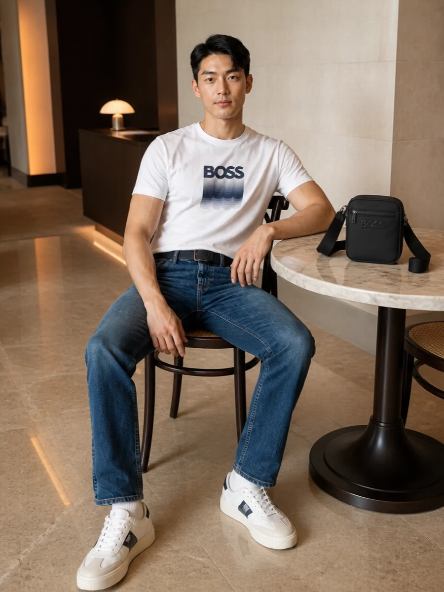 Boss graphic tee jeans white sneakers
