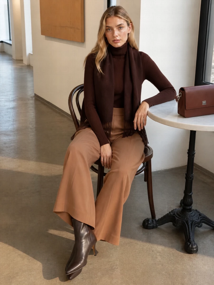 Max mara brown turtleneck camel wide leg trousers