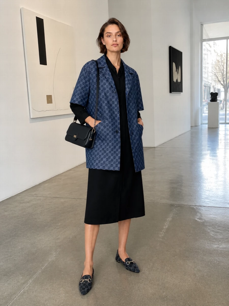 Gucci navy blazer black shirt dress outfit