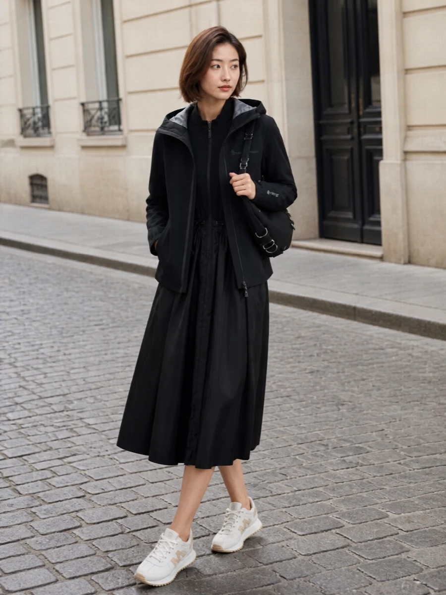 Moncler grenoble hooded shell black midi dress