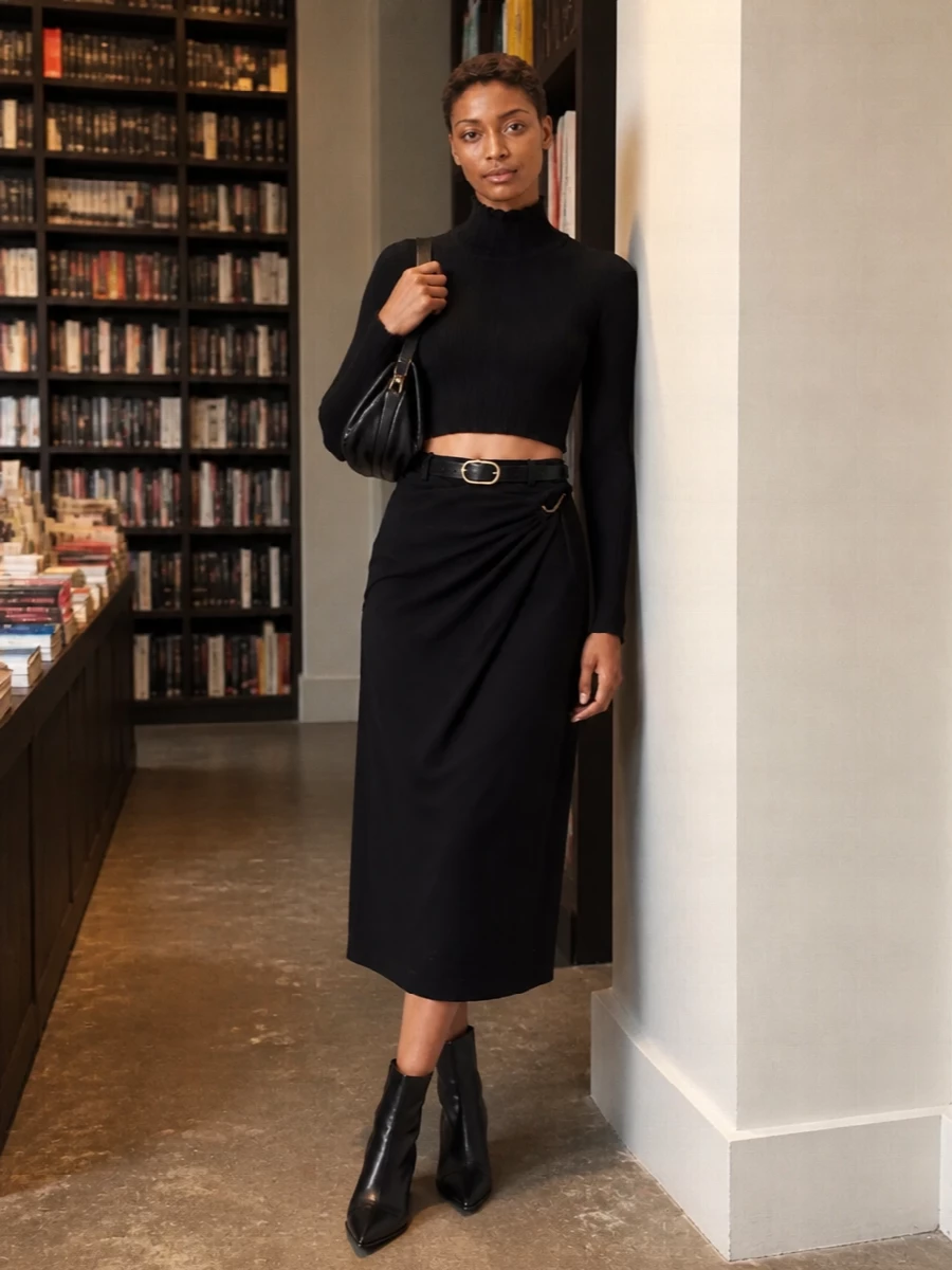 Alysi black wrap midi skirt cropped knit outfit